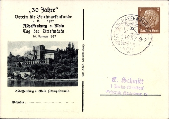 Ak Aschaffenburg Unterfranken, 30 Jahre Verein f. Briefmarkenkunde, Tag der Briefmarke, Pompejanum