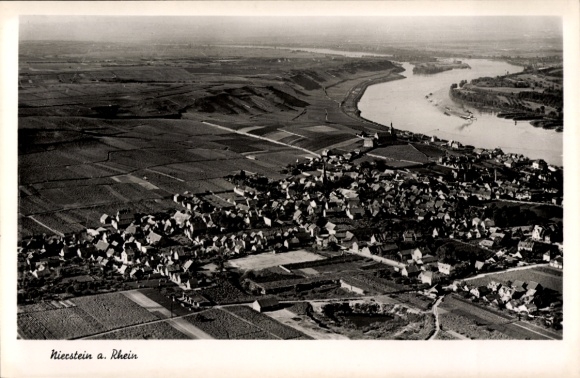 Postcard Nierstein am Rhein, aerial view of Nierstein, Rhine, houses, fields, river