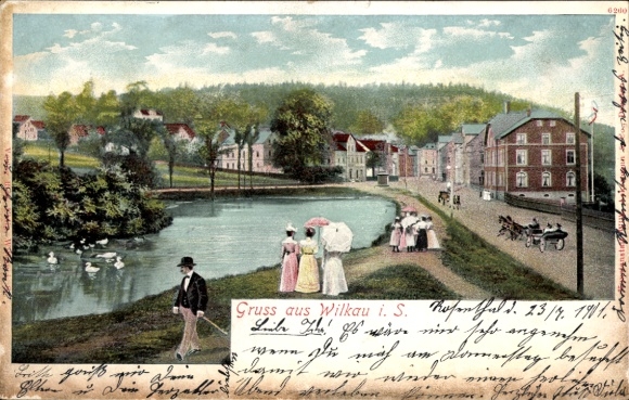 Postcard Wilkau Haßlau in Saxony, street section at the pond