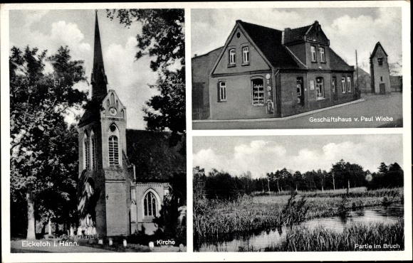 Postcard Eickeloh in Lower Saxony, church, commercial building, lot in the break
