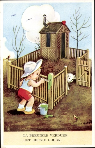 Artist PC Scheuermann, Willi, boy paints a garden fence green