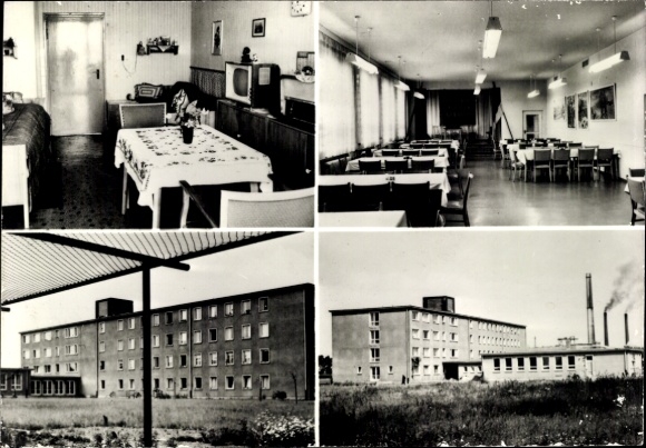 Ak Borna in Sachsen, Vorderseite zeigt Innenräume, Esszimmer, Feierabendheim, Kultursaal, Gebäude