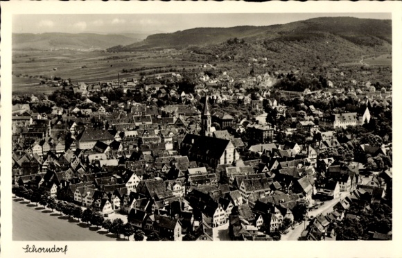 Postcard Schorndorf in Remstal Württemberg, aerial view of many houses, green hills in the background