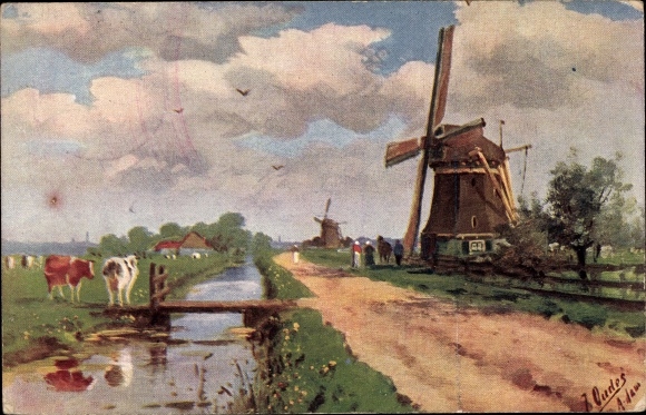 Artist PC Oudes, J., Netherlands, windmills, canal, cow pasture
