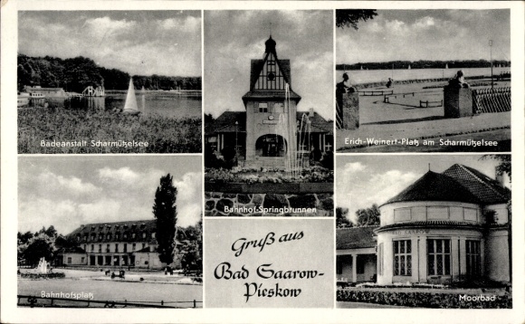 Postcard Bad Saarow Pieskow Brandenburg, train station fountain, mud bath
