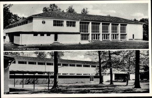 Postcard Mittwald Espelkamp in East Westphalia Lippe, forest school with associated gym