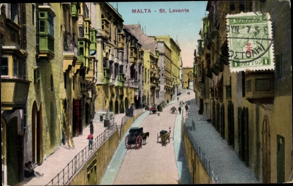 Postcard Valletta Malta, St. Levante, street section in the city
