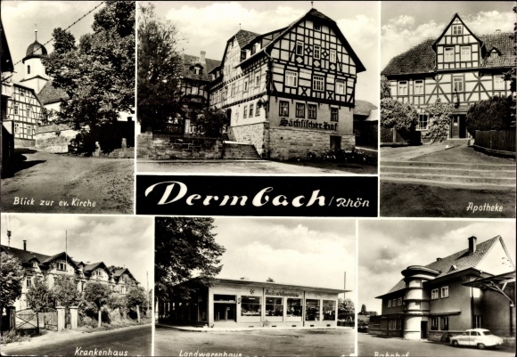 Ak Dermbach in der Röhn Thüringen, treinstation, apotheek, ziekenhuis, kerk, plattelandswinkel