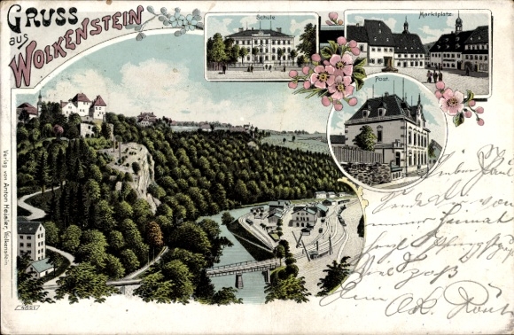 Litho Wolkenstein im Erzgebirge, Marktplatz, Schule, Postamt