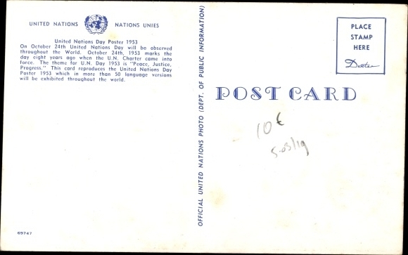 Artist Postcard United Nations Day October 24 1953, Poster, Peace, Justice, Progress