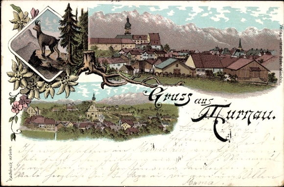Chromo-Litho Murnau am Staffelsee in Upper Bavaria, panorama, chamois, Alpine chain