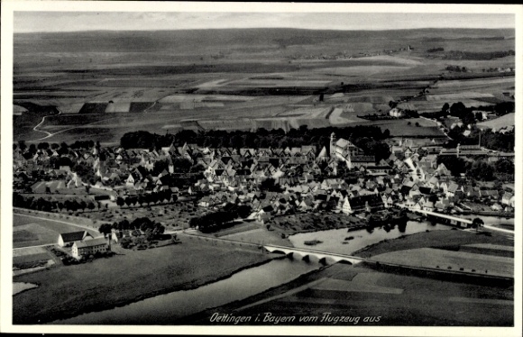 Postcard Oettingen in Bavaria, aerial view of Oettingen, Bavaria, river, bridge, houses