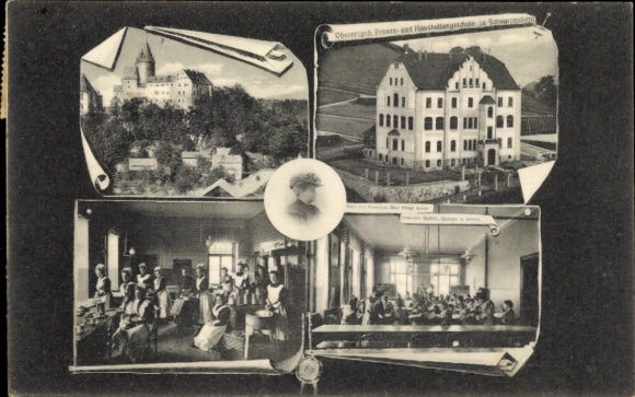Postcard Schwarzenberg in the Erzgebirge Saxony, castle, housekeeping school