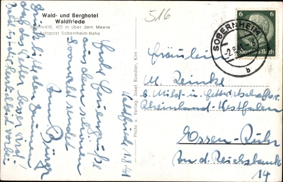 Postcard Waldfriede in the Soonwald Seesbach Hunsrück, forest and mountain hotel Waldfriede, monument, tower, panorama