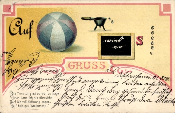 Rebus Postcard puzzle, ball, board, pot, separation is difficult to bear...