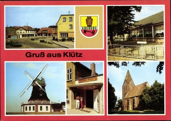 Postcard Klütz in Mecklenburg, market square, HOG Klützer Eck, windmill, church, HOG Zum Zoll, coat of arms