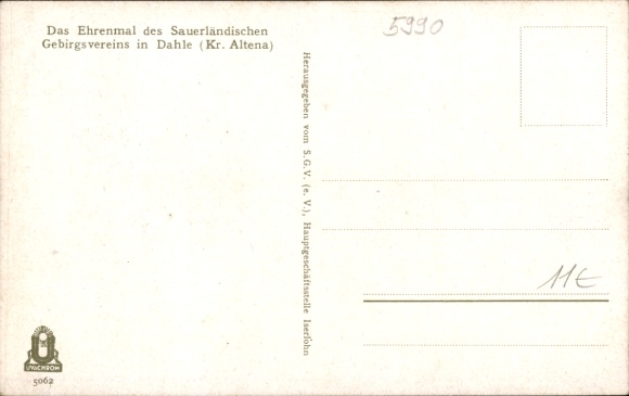 Postcard Dahle Altena in the Sauerland, memorial of the Sauerland Mountain Association