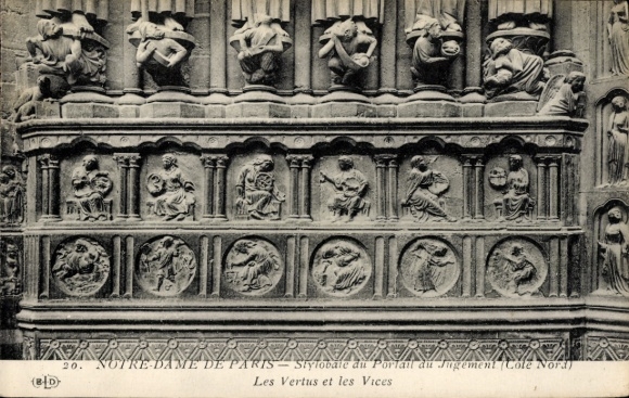 Ak Paris IV Ile de la Cité, Notre Dame kathedraal, hulpdeugden en ondeugden