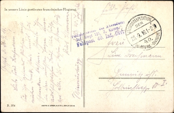 Postcard German soldiers, crashed French plane, 1st WW