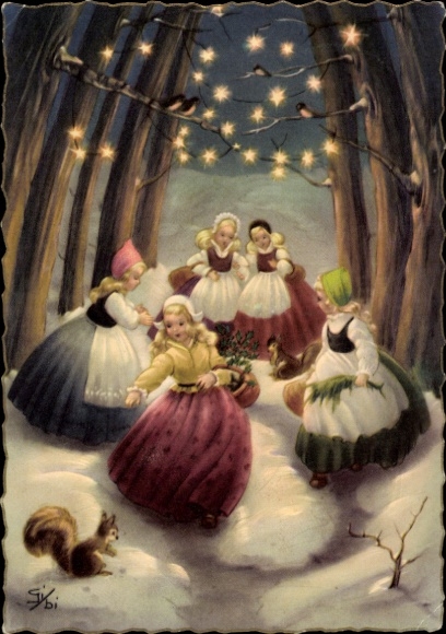 Postcard Merry Christmas, 5 girls in the forest, animals