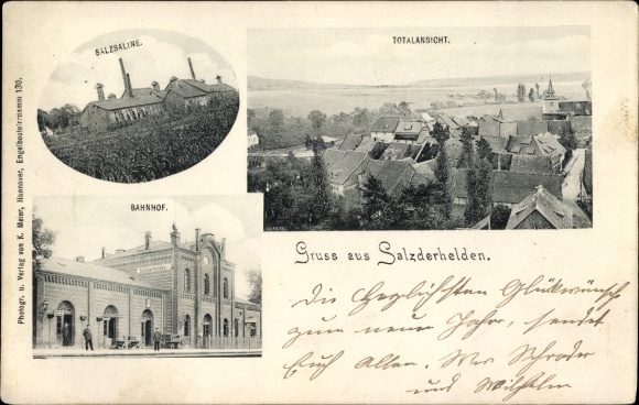 Ansichtkaart Salzderhelden Einbeck in Nedersaksen, treinstation, algemeen zicht, zoutziederij