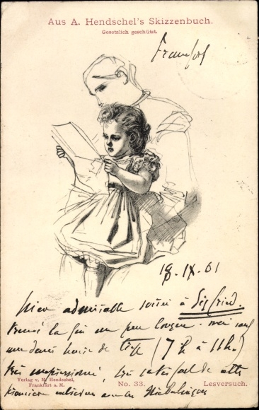 Kunstenaarskaart Hendschel, Albert, schetsboek nr. 33, vrouw met meisje, leespoging