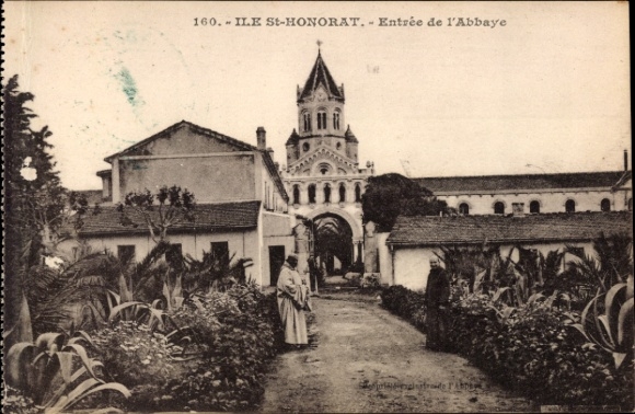Postcard Ile Saint Honorat Îles de Lérins Alpes Maritimes, entrance to the abbey, monastery, plants, monk,