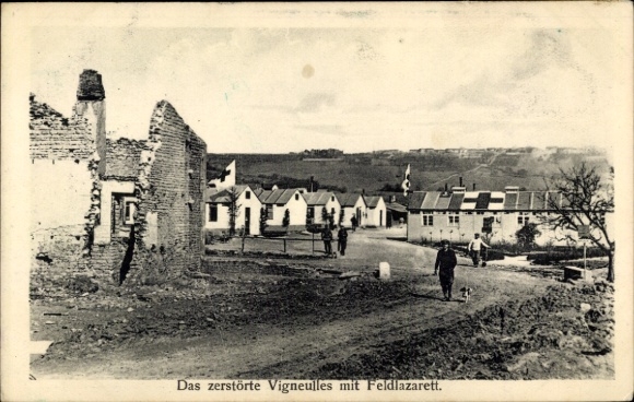 Postcard Vigneulles Lorraine Meurthe et Moselle, field hospital, war damages I. WK