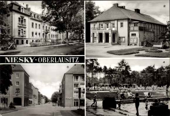 Postcard Niesky in Oberlausitz, hospital, Schauburg Lichtspiele, new buildings on Ziensdorfplatz, Bad