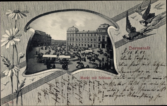 Passepartout PC Darmstadt in Hesse, market, castle, swallows
