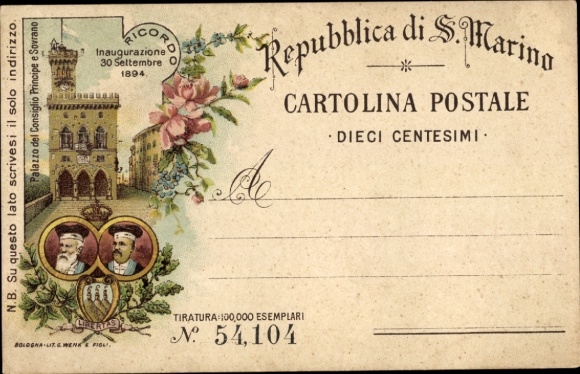 Litografia San Marino, Pałac Księcia i Rady Suwerennej, inauguracja 1894 r.