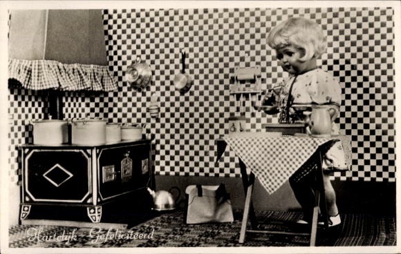 Postcard congratulations, children's kitchen, doll
