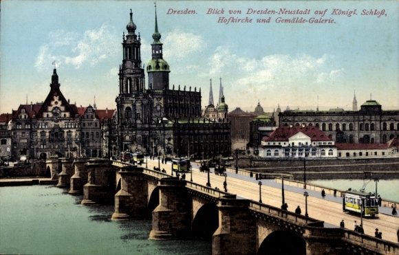 Postcard Dresden Altstadt Johannstadt, view from Dresden-Neustadt to the Royal Palace, Court Church and...