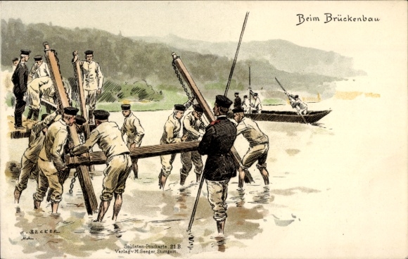 Kunstenaar litho Becker, Carl, pionier in het bouwen van bruggen