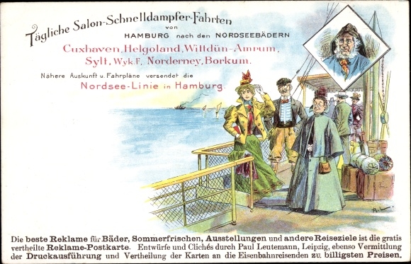 Chromo-Litho Hamburg Mitte old town, Hansahafen, saloon express steamer trips, sailor