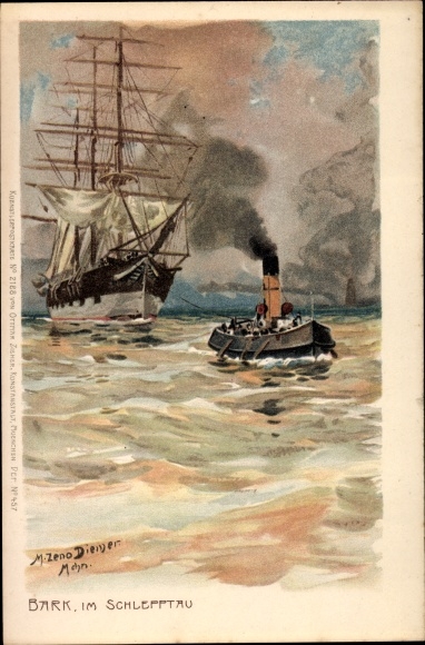 Artist Chromo-Litho Diemer, Zeno, Barque brought up the Elbe by a tugboat