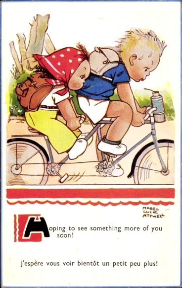 Artist Postcard Attwell, Mabel Lucy, Girl and boy on a bicycle, tandem