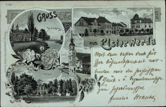 Chromo-Litho Elsterwerda in Brandenburg, monument square, seminary, church, wood yard