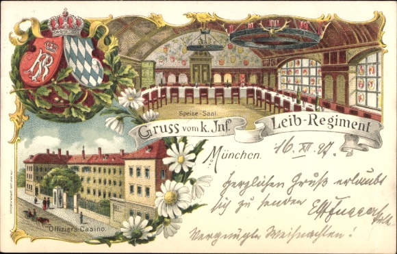 Litografia Monachium Bawaria, K. Inf. Leibregiment, jadalnia, stołówka oficerska