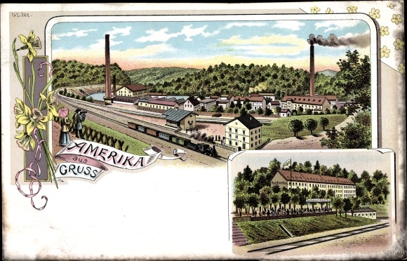 Litho Amerika Penig in Sachsen, Gesamtansicht, Restaurant Amerika