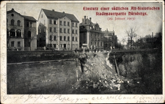 PC Nürnberg in Mittelfranken, collapse of a section of the southern old-historical city wall in 1903
