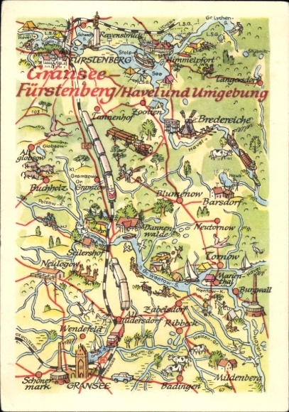 Postcard Gransee in der Mark, map to Fürstenberg, Buchholz, Seilershof, Wendefeld, Barsdorf, Tornow