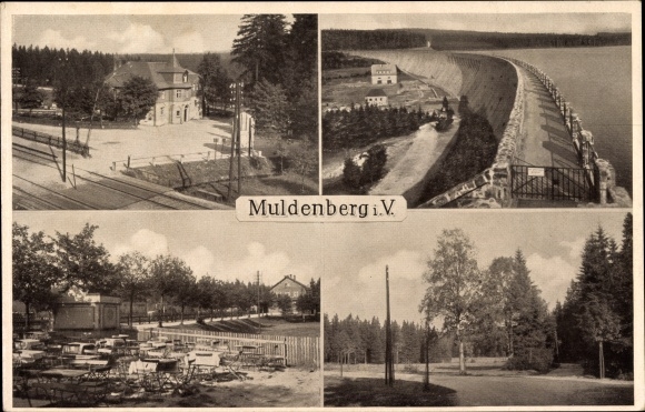 Postcard Muldenberg Grünbach in Vogtland Sachsen, Bahnhofshotel Weidlichhaus, railway barrier, dam