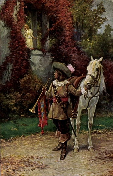 Artist Postcard Borrmeister, farewell, trumpeter, horse