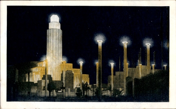 PC Paris, colonial exhibition 1931, Palais de la Section Metropolitaine, night lighting