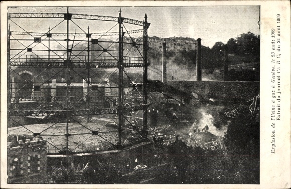 Postcard Geneva City Switzerland, explosion of the gas factory