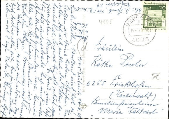 Postcard Büderich Meerbusch on the Lower Rhine, high-rise building, chapel, memorial, stadium, indoor swimming pool, coat of arms