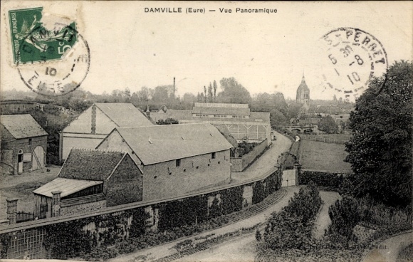 Postcard Damville Eure, panoramic view of buildings, path, trees, church