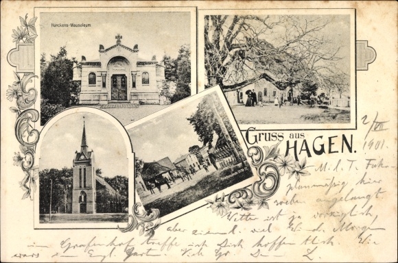Postcard Hagen im Bremen, Hüncken&#39;s mausoleum, church, Friedenslinde
