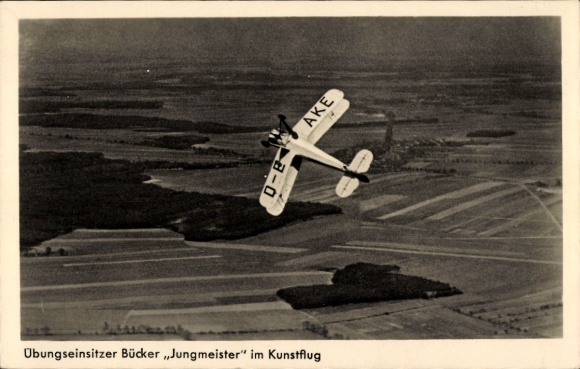 Postcard training single-seater Bücker Jungmeister, aerobatics, DE-AKE